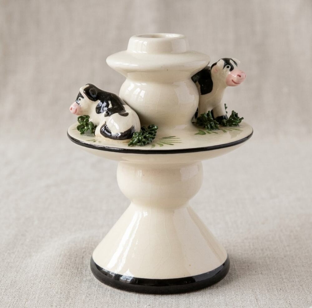 Vintage 1990s L.A. Ceramics Hand-Painted Cow Cottagecore Candle Holder